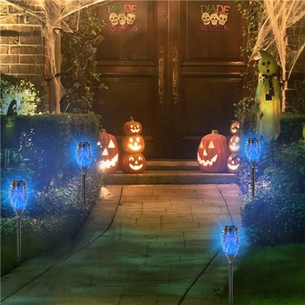 8 Pack Blue Solar Torch Light with Flickering Flame, 12 LED Solar Torches